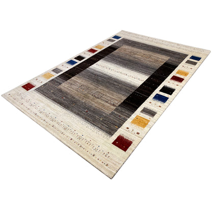 Gabbeh-Luri rug, diagonal view: beige border, dark squares, and accent stripes