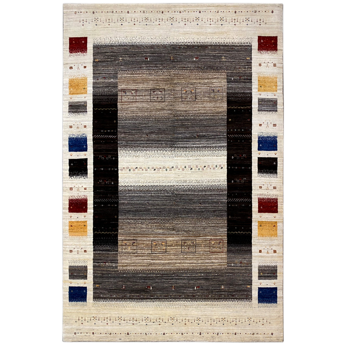 Gabbeh-Luri rug with a striped pattern, beige border, and dark gray central area