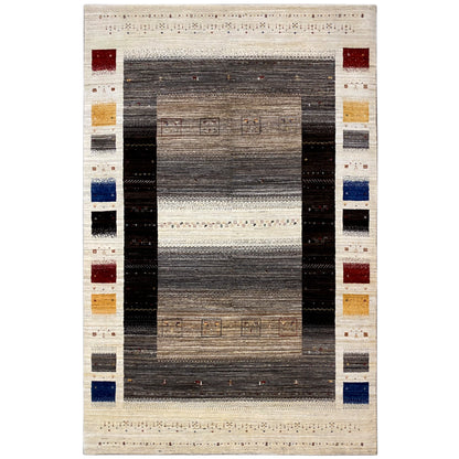 Gabbeh-Luri rug with a striped pattern, beige border, and dark gray central area