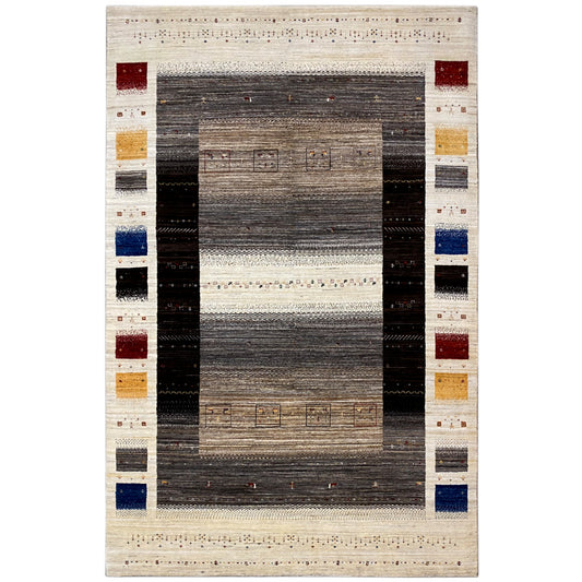 Gabbeh-Luri rug with a striped pattern, beige border, and dark gray central area