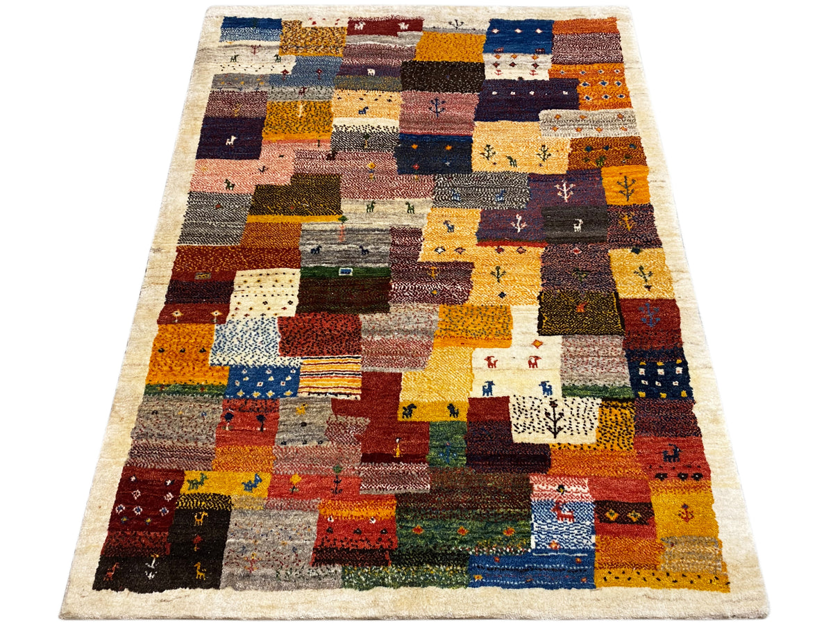 Gabbeh Luri rug 145x105 cm rectangular with patchwork squares in multiple colors