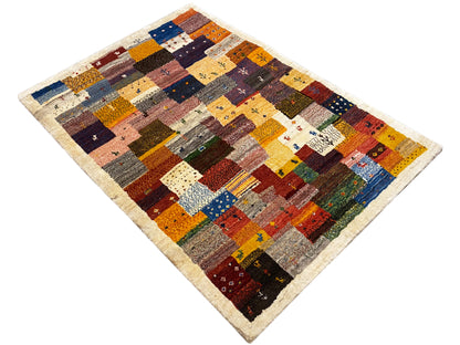 Gabbeh Luri rug 145x105 cm, draped diagonally with colorful block patterns
