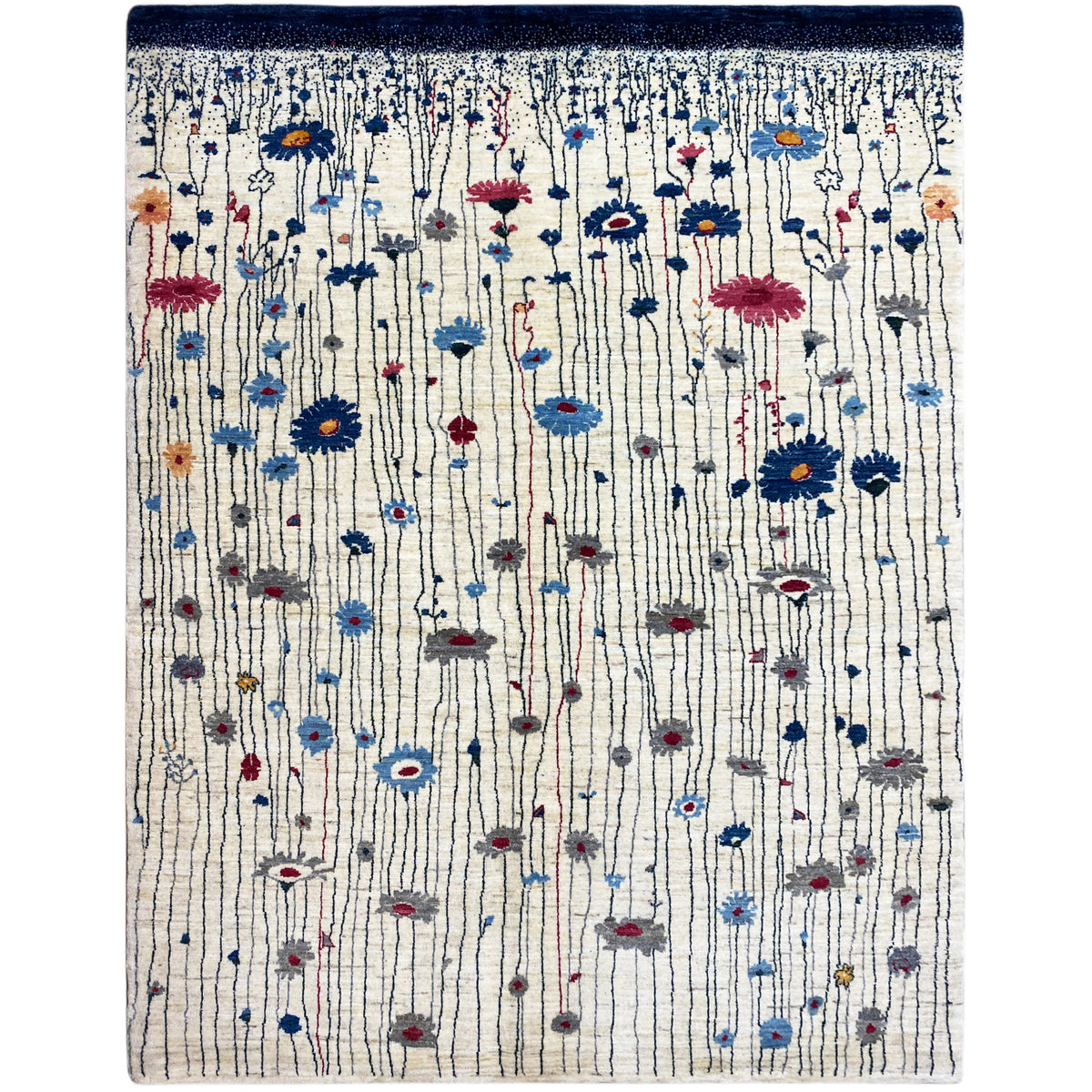 Gabbeh-Luri-Teppich (198x150): cremefarbener Rechteckteppich mit blau-roten Mustern