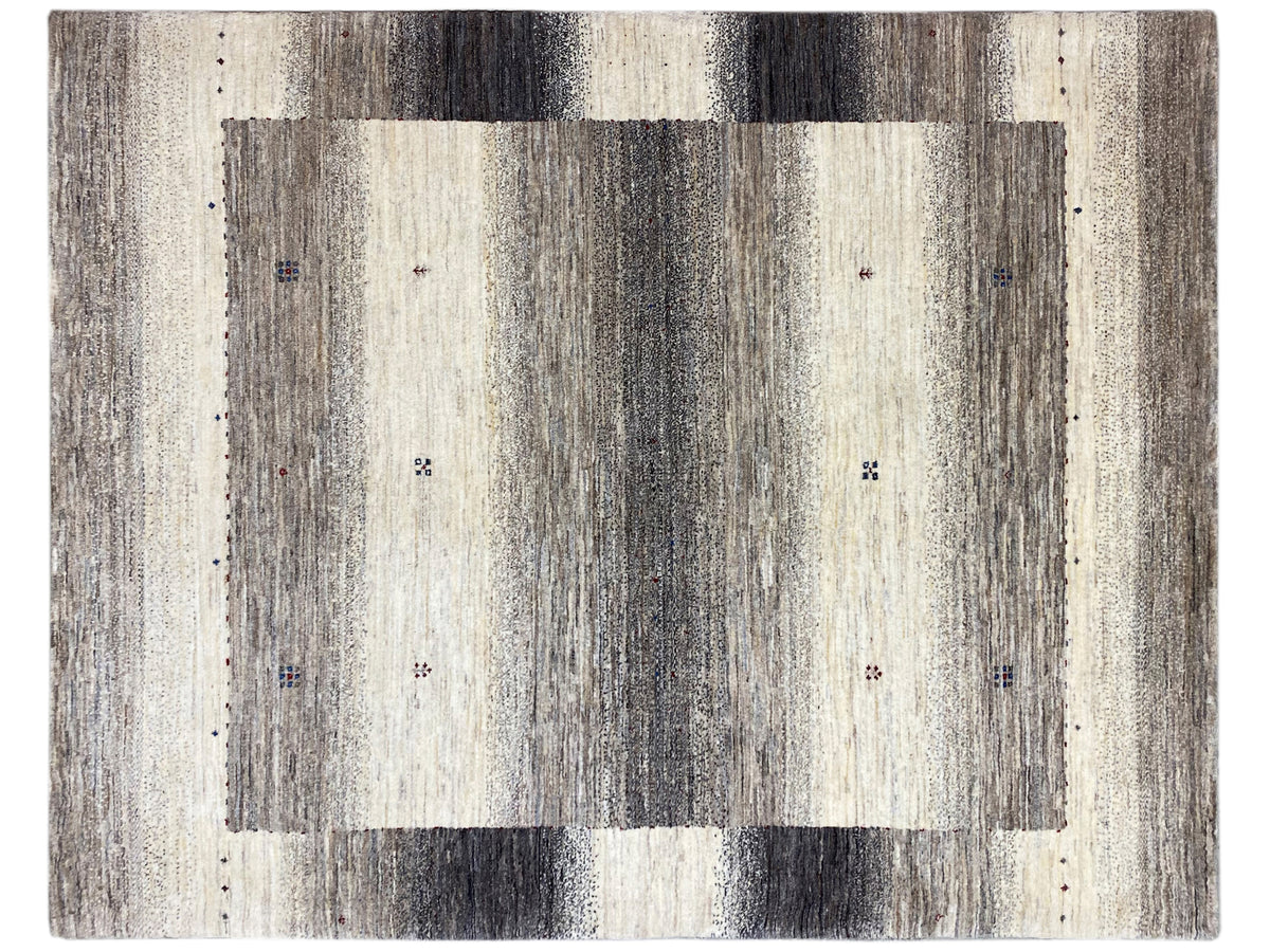 Gabbeh-Luri-Teppich 197x147 mit großflächigem Streifenmuster in Grau und Beige