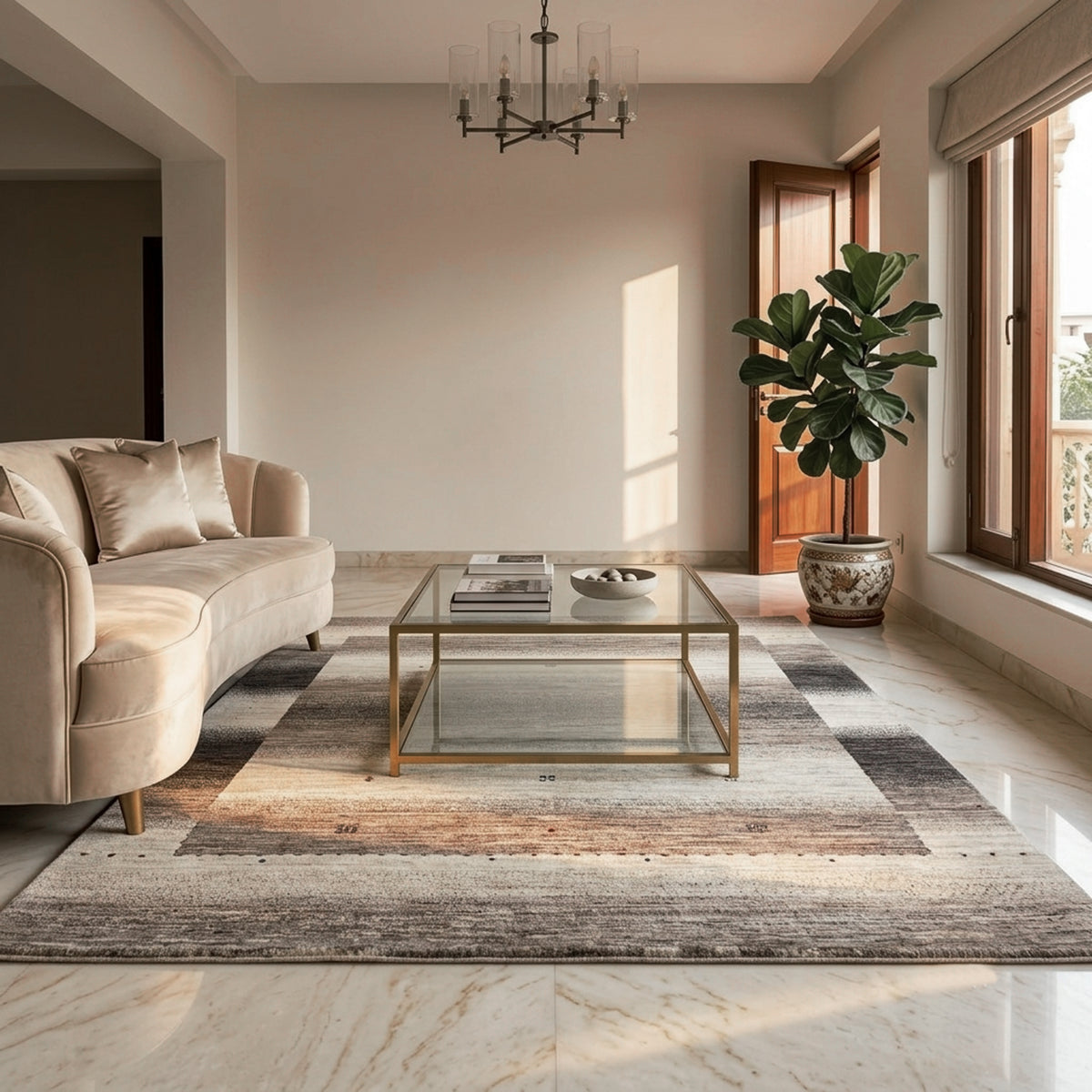 Gabbeh-Luri-Teppich 197x147 mit großem Streifenmuster, beige und grau, flach im Raum