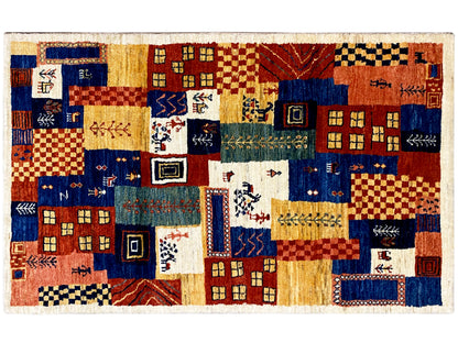 Gabbeh-Luri rug 158x86 cm, rectangular, multicolored tile pattern with blue and red accents