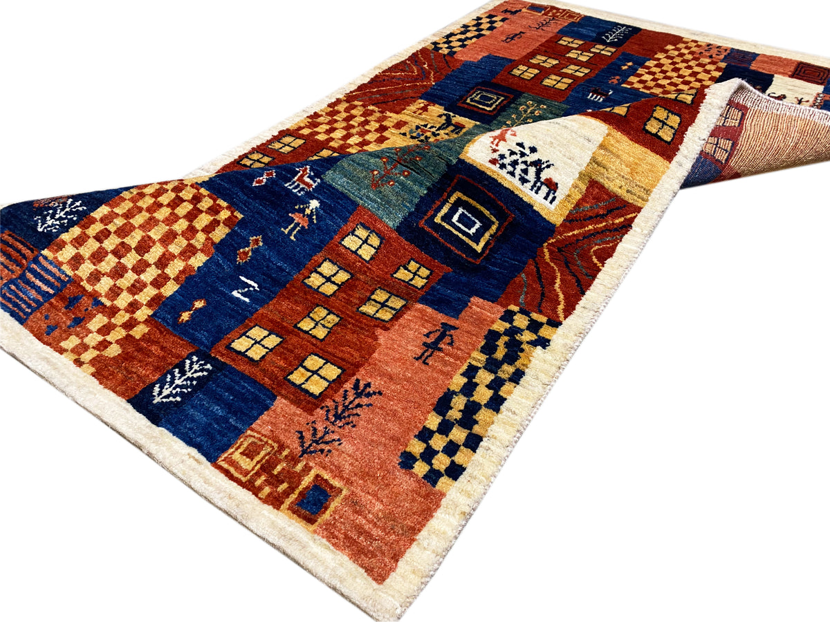 Gabbeh-Luri rug 158x86 cm, top view: diamond pattern and vine ornaments in blue and red