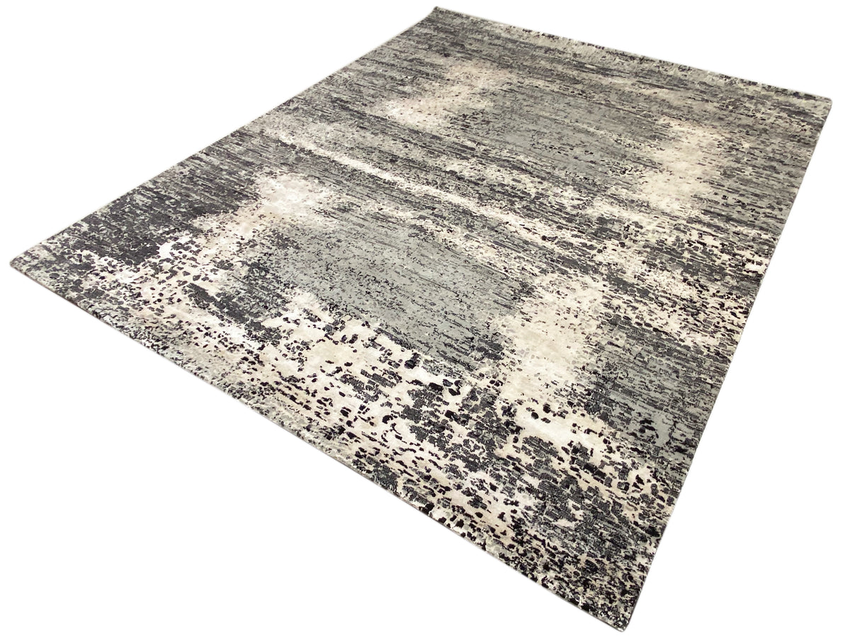 Gabbeh-Luri-Teppich 303x250 mit großflächigem Grau-Weiß-Abstraktmuster und Sprenkeleffekt