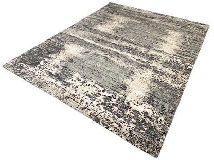Gabbeh-Luri-Teppich 303x250 mit großflächigem Grau-Weiß-Abstraktmuster und Sprenkeleffekt