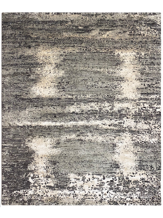 Gabbeh-Luri-Teppich 303x250 mit graubraunem und weißem Streifen-Fleckenmuster