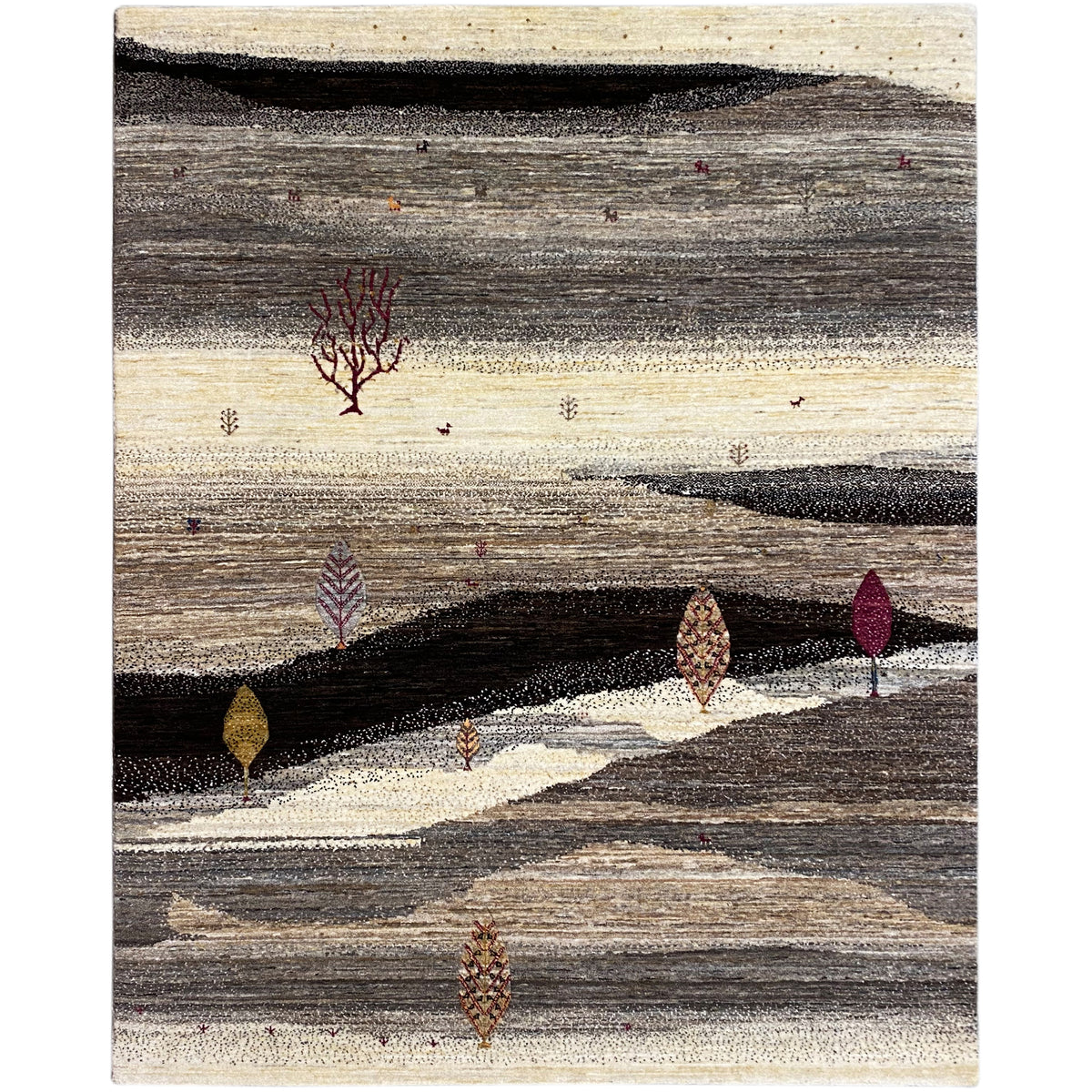 Gabbeh Luri rug with a banded pattern in dark brown, gray, and cream