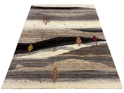 Rug with an all-over striped pattern and colorful symbols in dark brown and cream