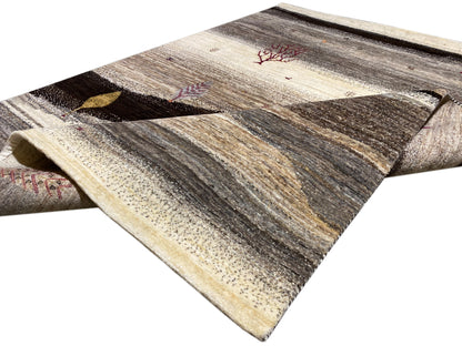 Rug with a border, dark stripes, and multicolored dot and ornamental details