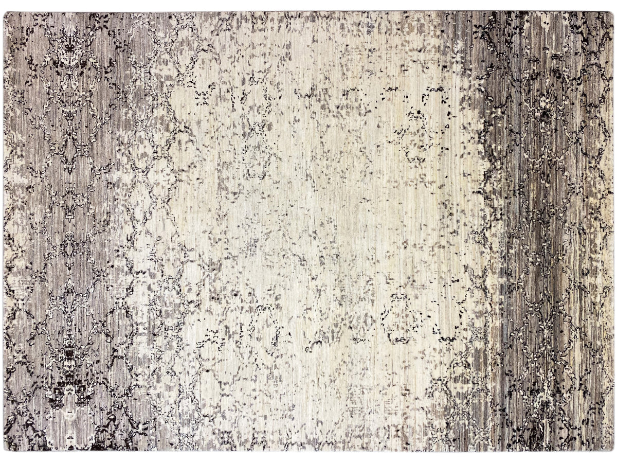 Carpet with a light beige base and gray-black ornamental pattern, texture, close-up view