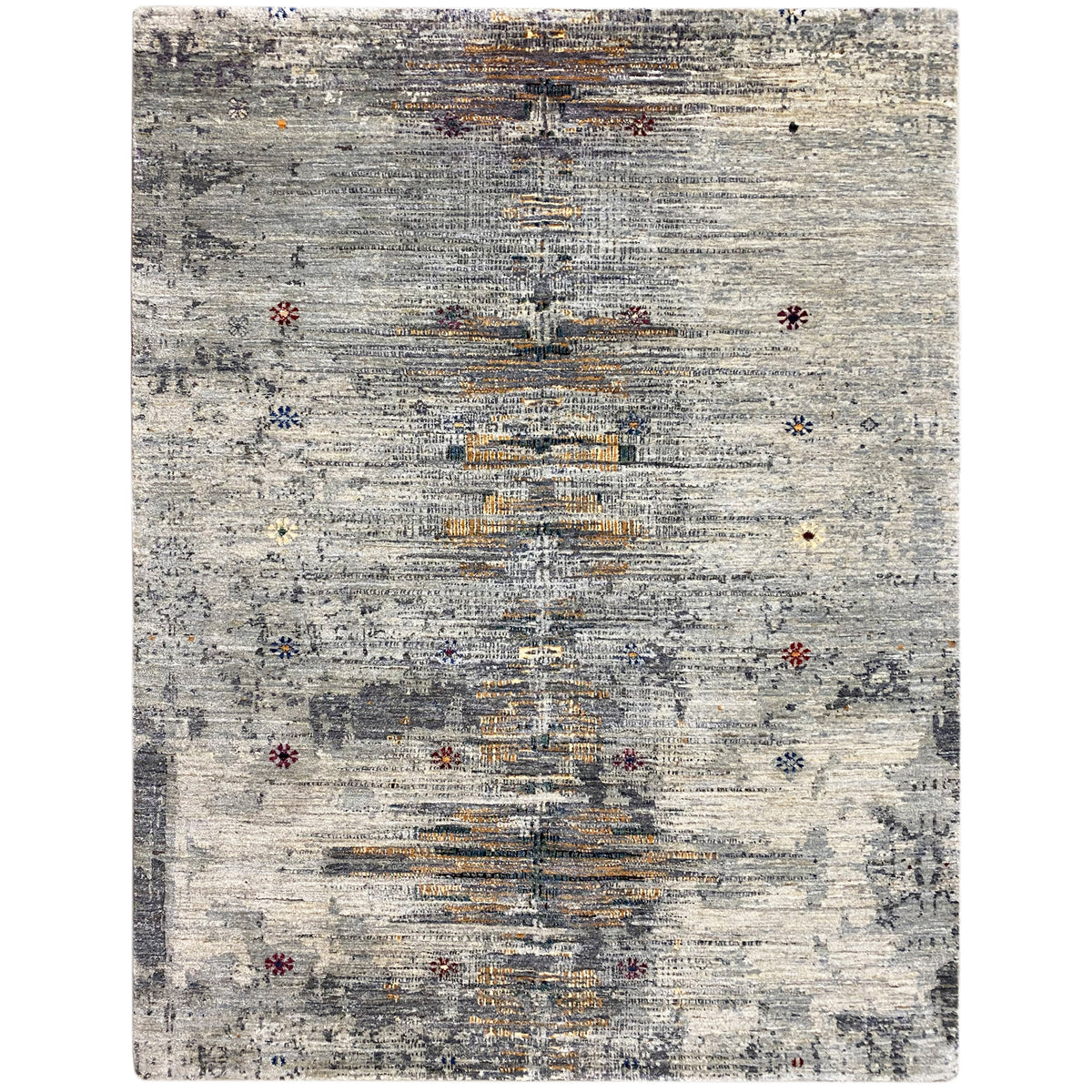 Gabbeh-Luri rug: light gray flatweave with colorful pattern accents