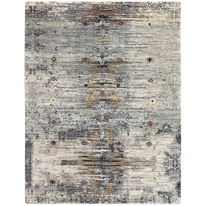 Gabbeh-Luri rug: light gray flatweave with colorful pattern accents