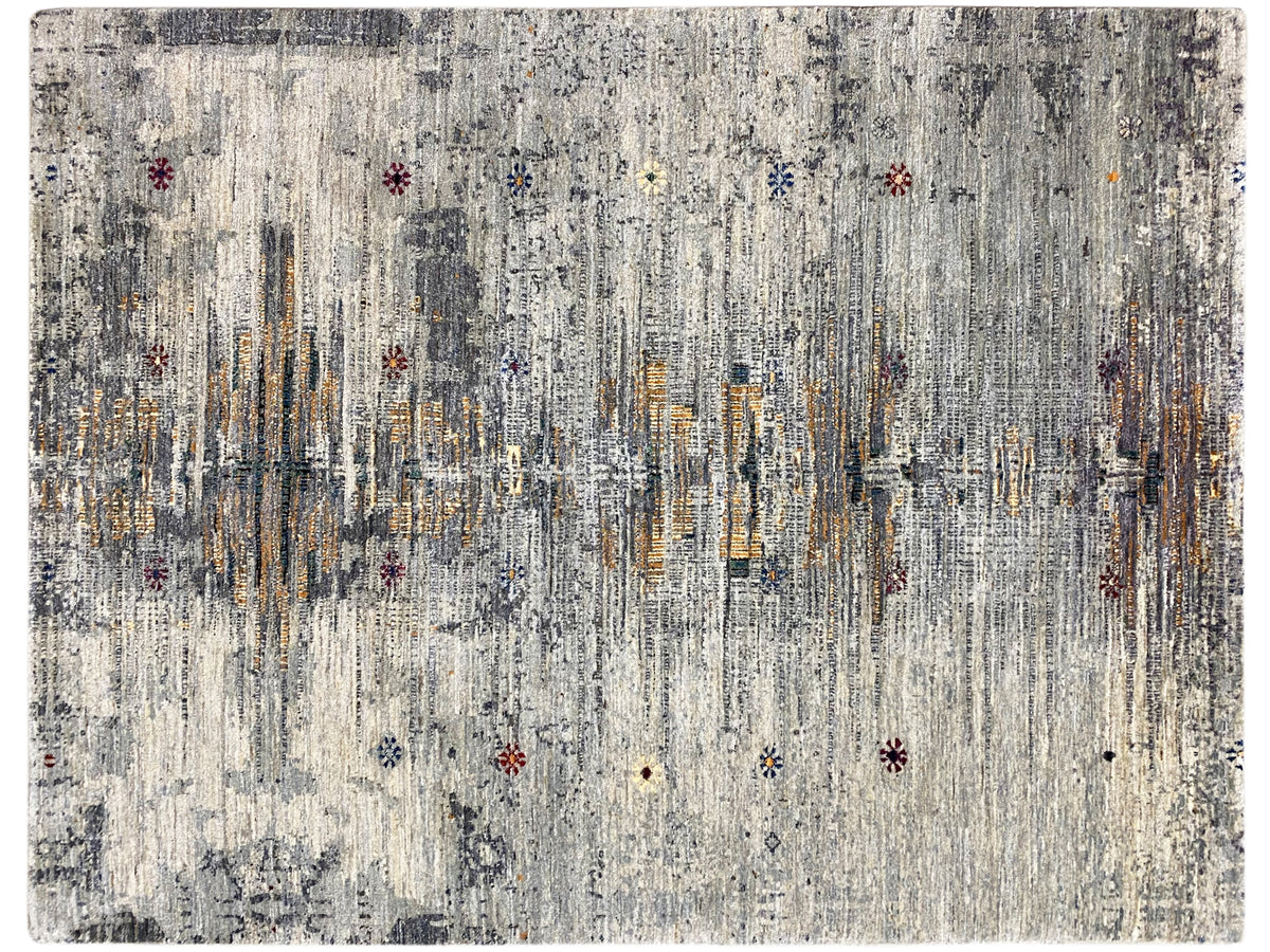 Gabbeh-Luri rug: light gray-blue flatweave with vertical lines and colorful dots