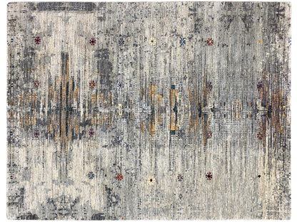 Gabbeh-Luri rug: light gray-blue flatweave with vertical lines and colorful dots