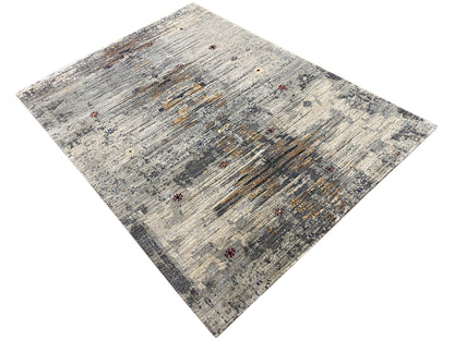 Gabbeh-Luri rug: light gray with colorful cross and line patterns (diamond view)
