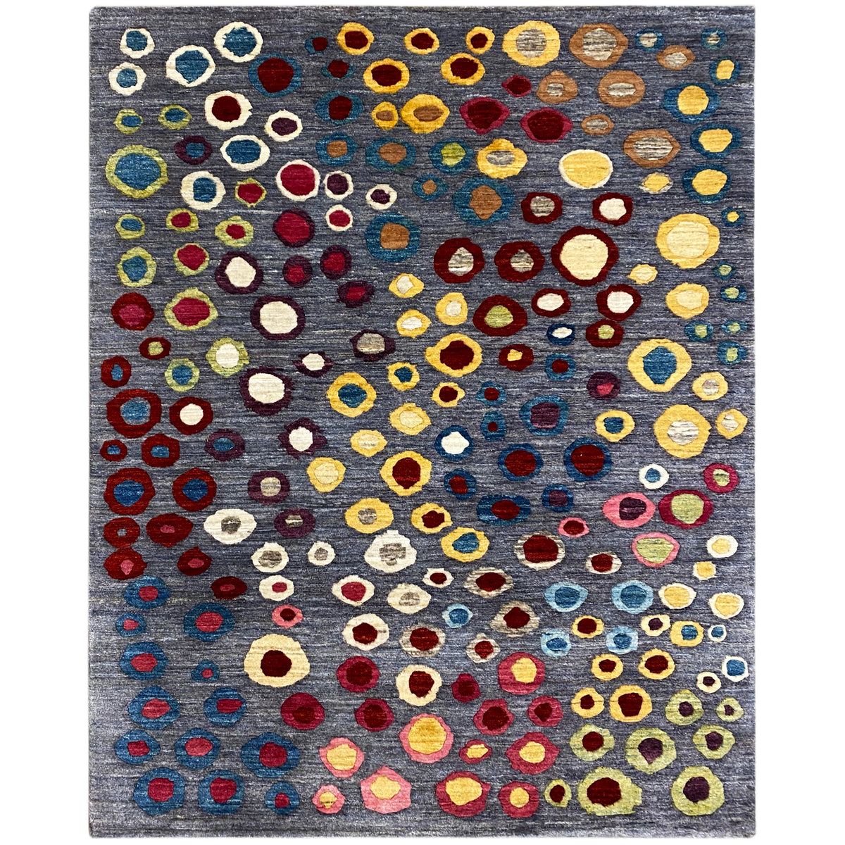 Gabbeh Luri rug with a gray background and colorful circular and oval patterns, 205x147 cm