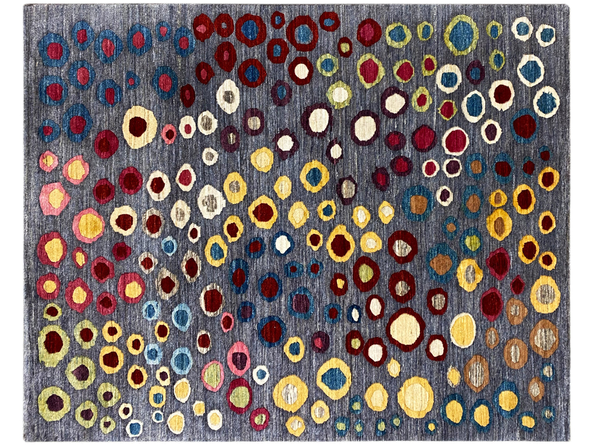 Gabbeh Luri rug with a gray background and colorful circles and ovals, 205x147 cm