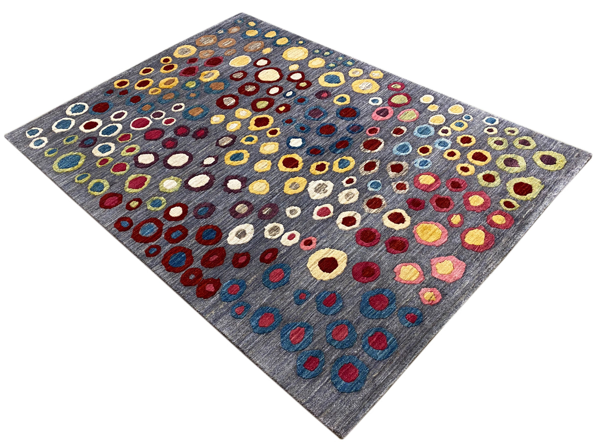 Gabbeh-Luri rug with a square-like appearance, gray background with colorful circular ring patterns