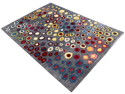 Gabbeh-Luri rug with a square-like appearance, gray background with colorful circular ring patterns
