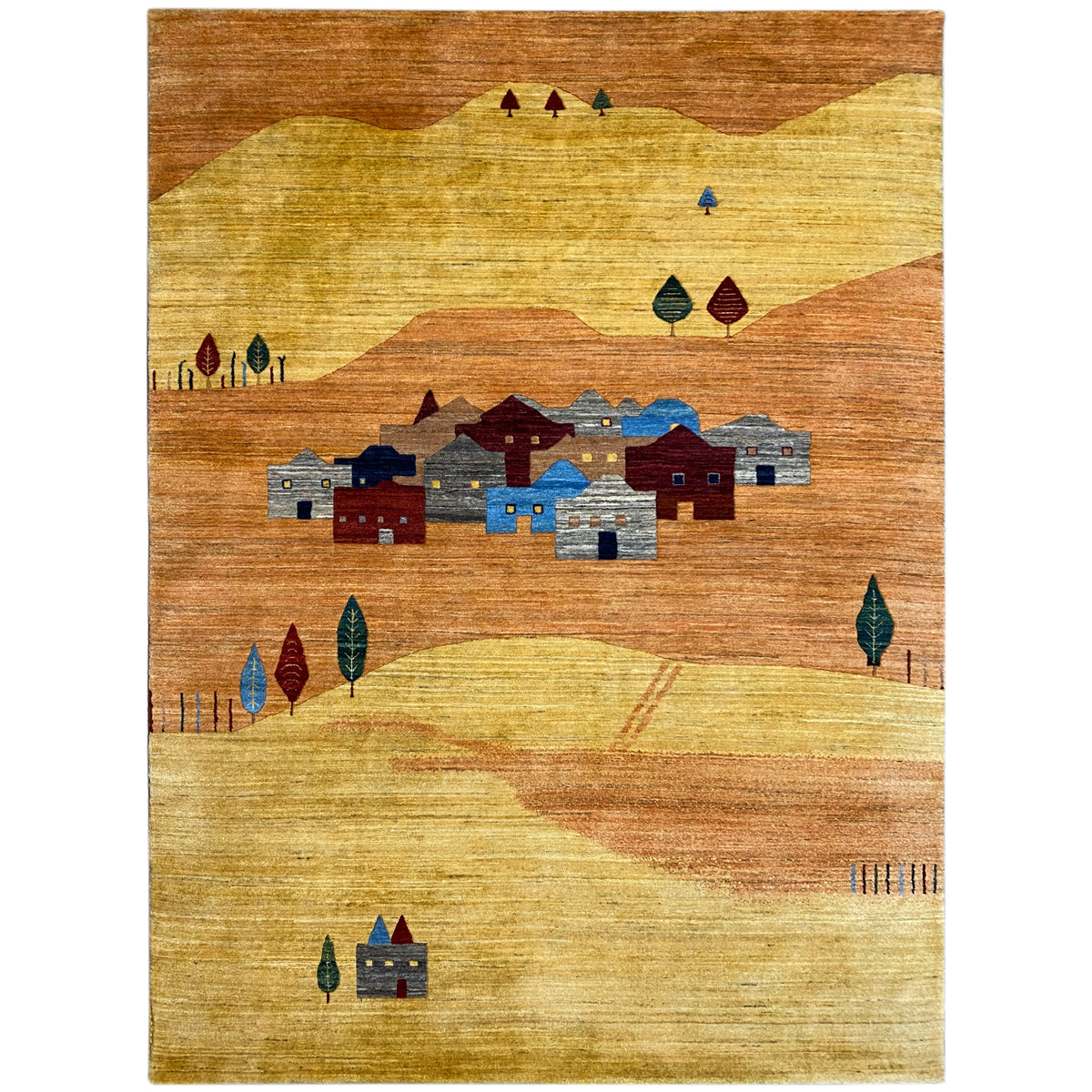 Rug with a yellow-brown base and a colorful village pattern in blue, red, and green