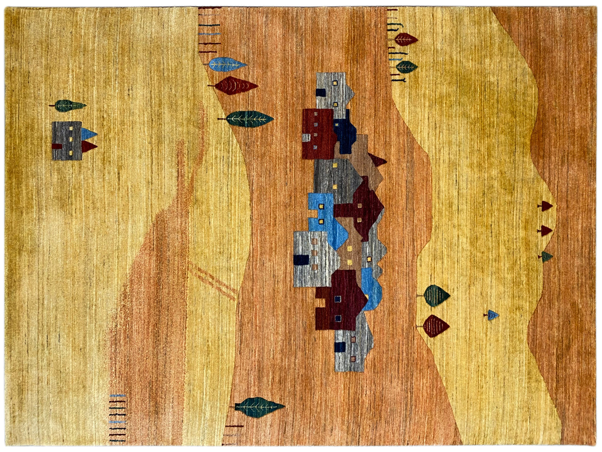 Rug with a village motif in blue, red, and gray, with green and yellow accents