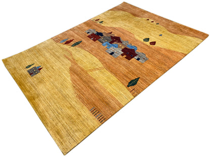 Rug with an integrated village motif, brown border, and green accents