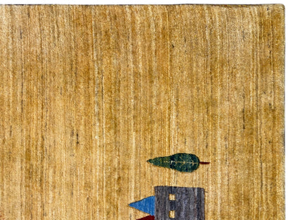 Carpet fabric with a golden-yellow pile surface and an interwoven blue-green motif