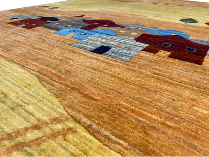 Carpet detail with colored stripes and houses in the middle section, in blue and red