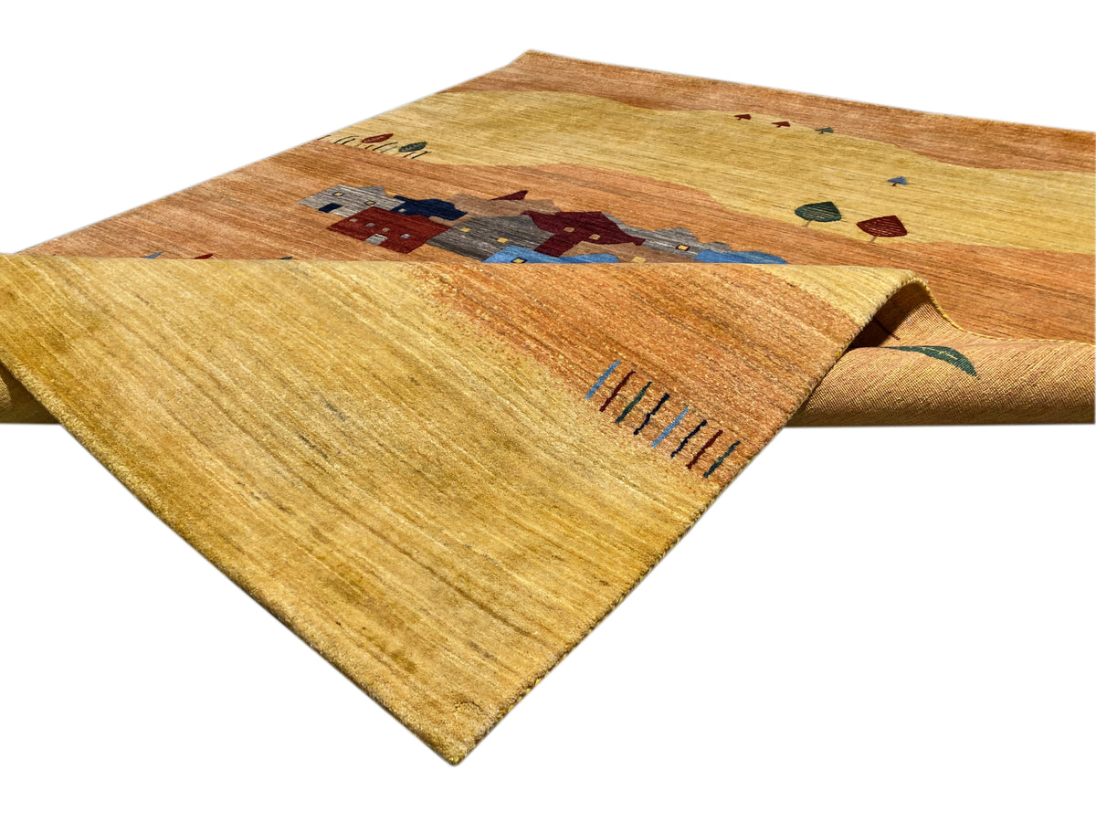 Rug with corner, row markings along the edge, and village motif in blue and red
