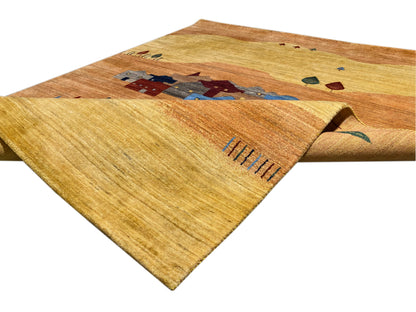 Rug with corner, row markings along the edge, and village motif in blue and red