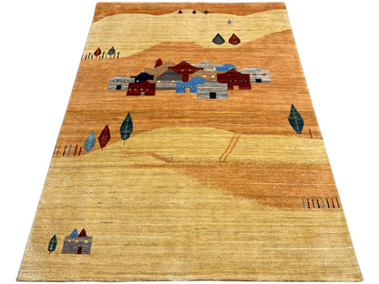 Rectangular Gabbeh Luri rug with a central graphic of houses and borders in brown, blue, and red