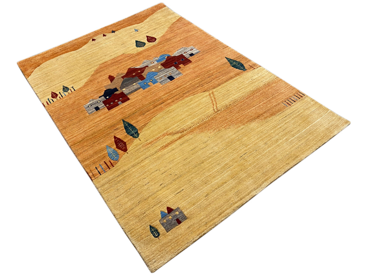 Gabbeh Luri rug, diagonal view with borders and house motifs in brown and beige