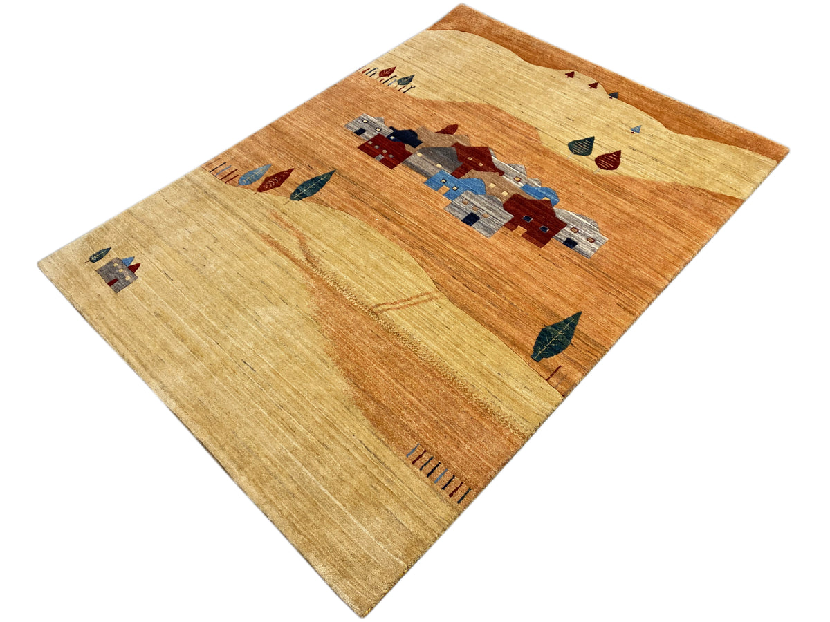 Gabbeh Luri rug with ornamental fields and small houses in beige, brown, blue, and red