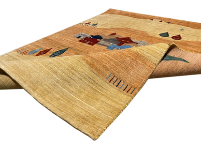 Gabbeh Luri rug with a folded-back corner, pattern and pile in light brown with blue/red