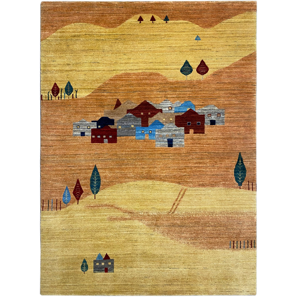 Carpet with a pattern of houses and trees in yellow, brown, blue, and red