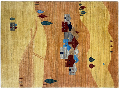 Carpet detail with houses and ornaments in yellow, brown, blue and red