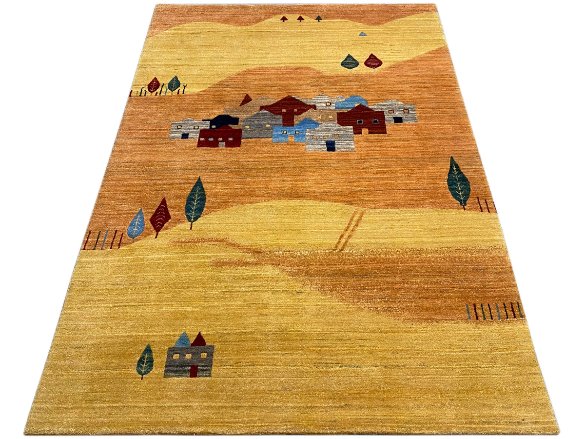 Carpet with a centered row of houses, trees, and decorative elements on a yellow-brown background