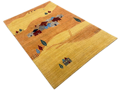 Carpet in detail: row of houses and colorful symbols on a light yellow-brown background