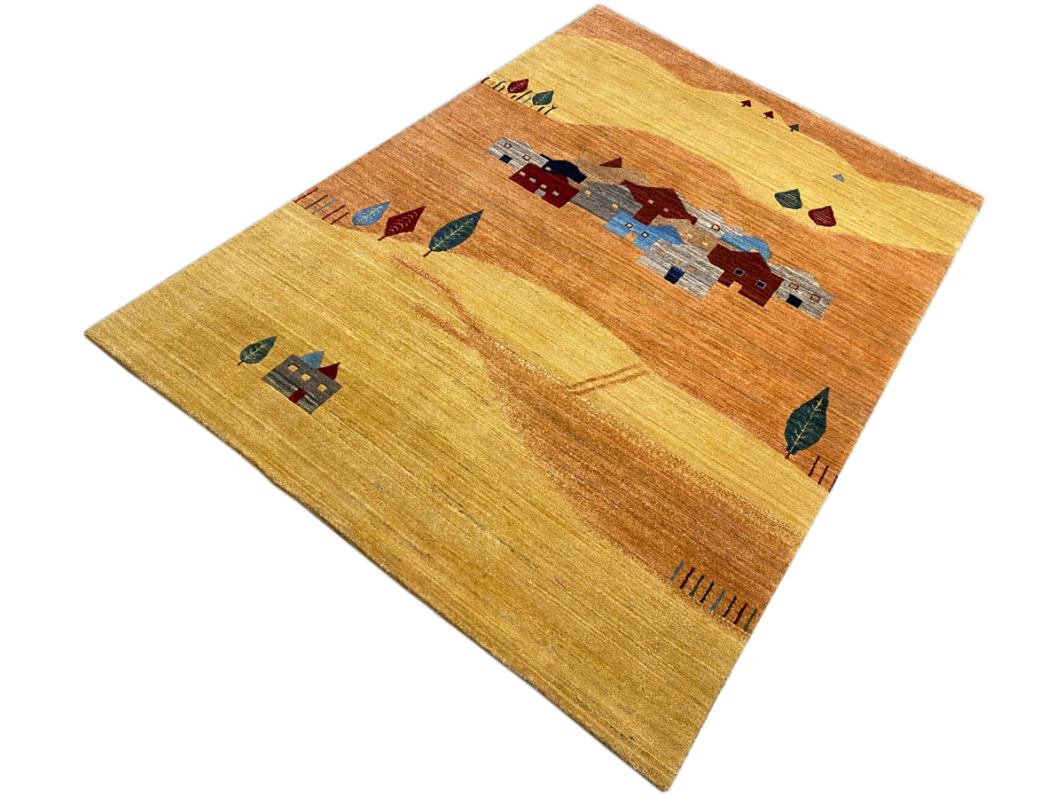 Rug with houses and plant motifs in yellow, brown, blue, and red