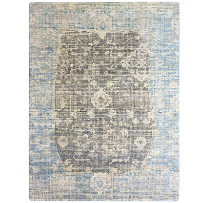 Rectangular, flat-woven rug with bleached blue-gray patterns