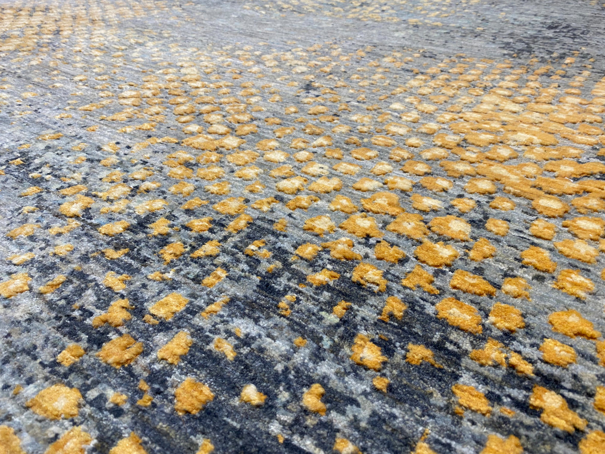 Gabbeh-Luri rug detail: short textured dots in yellow and blue-gray, abstract