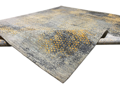 Gabbeh-Luri rug with an abstract pattern, light gray and golden yellow, curved edge displayed
