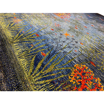 Carpet texture: dense pile in blue, yellow-green, and orange flecks
