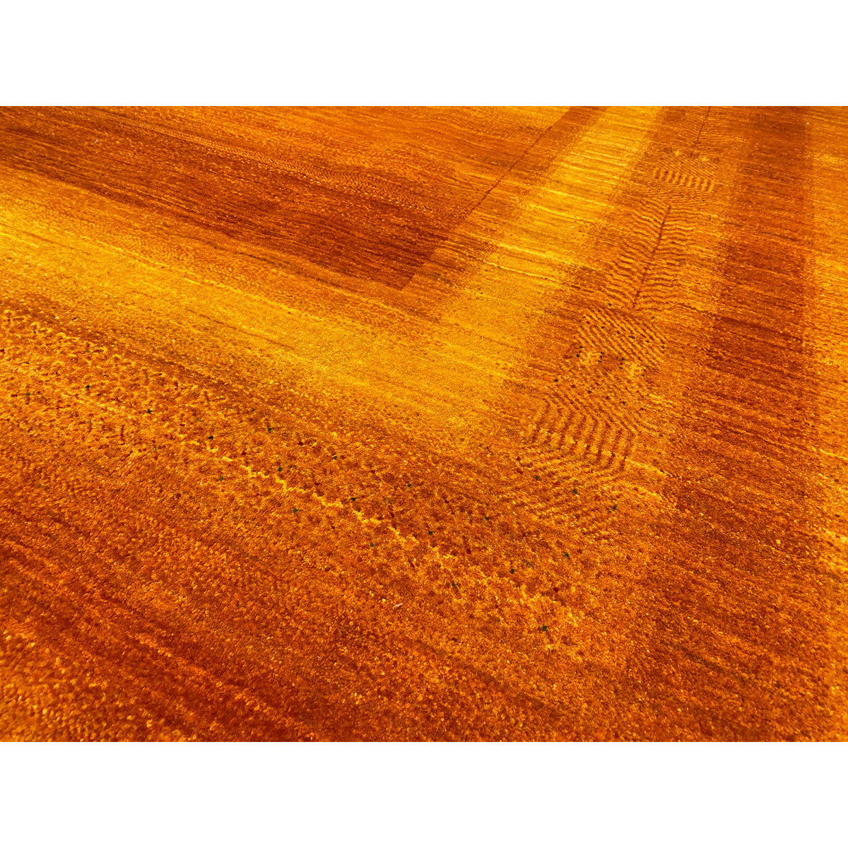 Detailed view of Gabbeh rug: fine texture, brown-orange with patterned zones