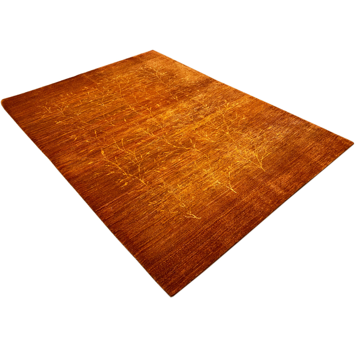 Orange rug with golden patterned lines, rectangular