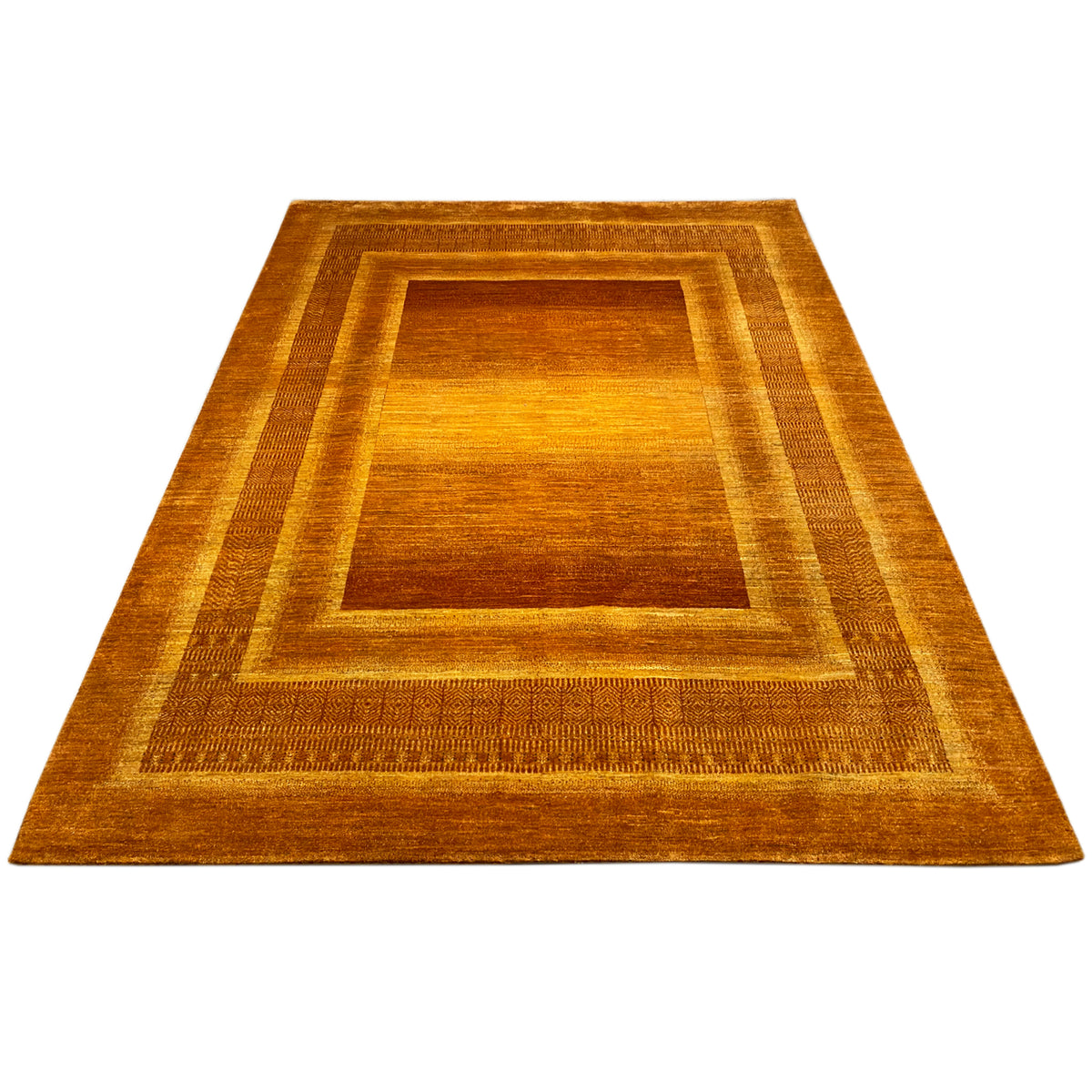 Rug with a rectangular border pattern in honey brown, symmetrical lines